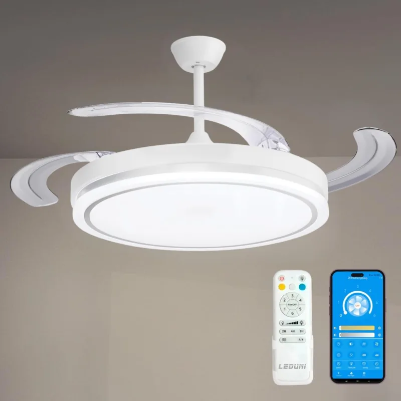Ceiling Fan with Light 66W Invisible Ultra Quiet Fan with Remote Control and Retractable Blades Interior Ceiling Light Function Summer Winter (Pure White)