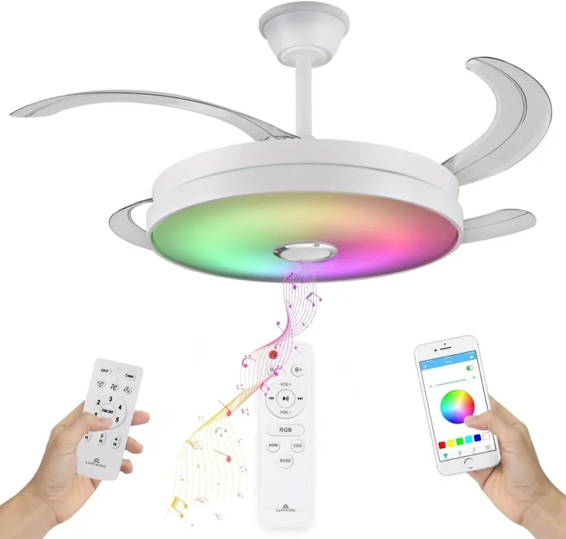 RGB Ceiling Fan with Bluetooth – 108 cm Wide with Retractable Blades, Music and LED Light – Quiet with Lamp and Modern Multifunction with 2 Remote Controls and APP