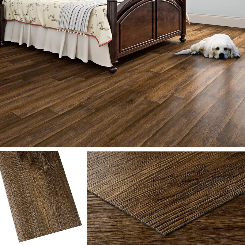 Livelynine Vinyl Flooring Self-adhesive Dark Wood 90 x 15 cm Waterproof Adhesive Vinyl Floor Interior Vinyl Flooring Self Adhesive Bathroom Kitchen Floors Laminate Wood Brown Living Room, 18 Pieces