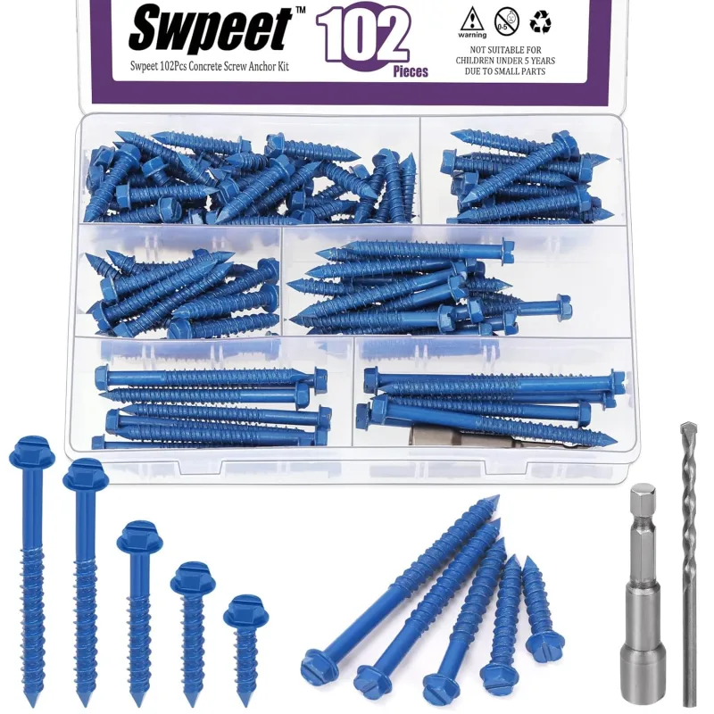 Swpeet 102pcs 5 Sizes 1/4" Slotted Hex Head Concrete Screws Anchors with Hex Socket and Assortment Set, Self-tapping Cement Screws for Anchor in Block