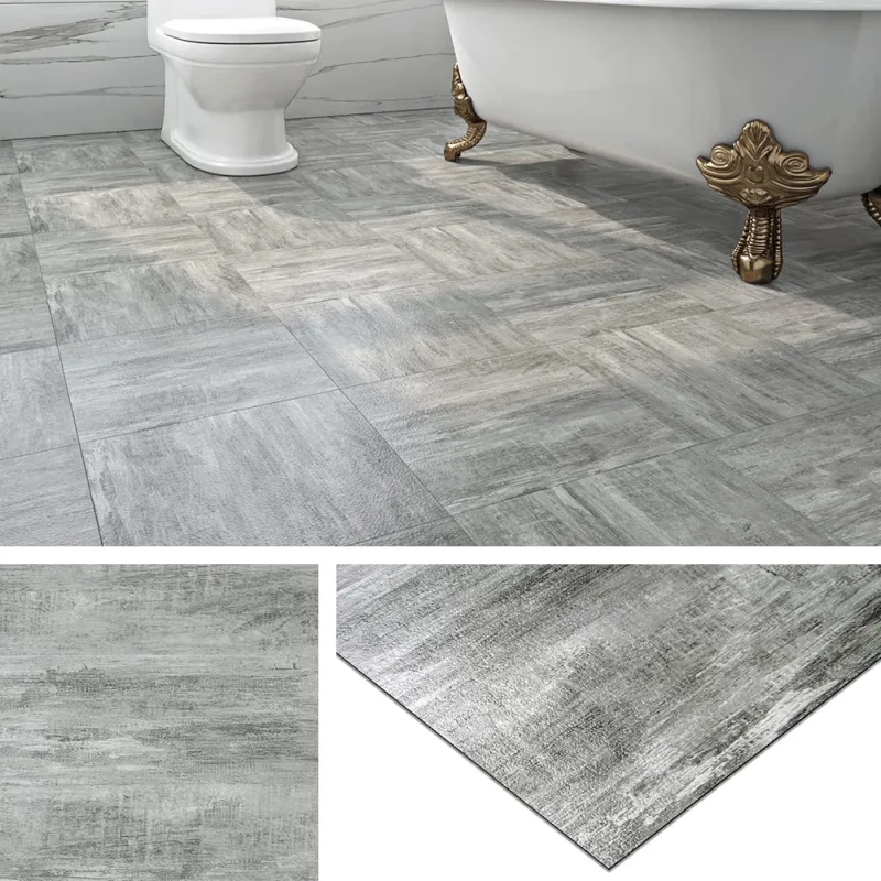 Livelynine 32 Tiles Vinyl for Flooring 30 x 30 cm Self-adhesive Vinyl Floor for Kitchen Grey Tiles Adhesive Bathroom Floors Washable Vinyl Flooring Kitchen Wood Rustic Parquet Laminate Salon
