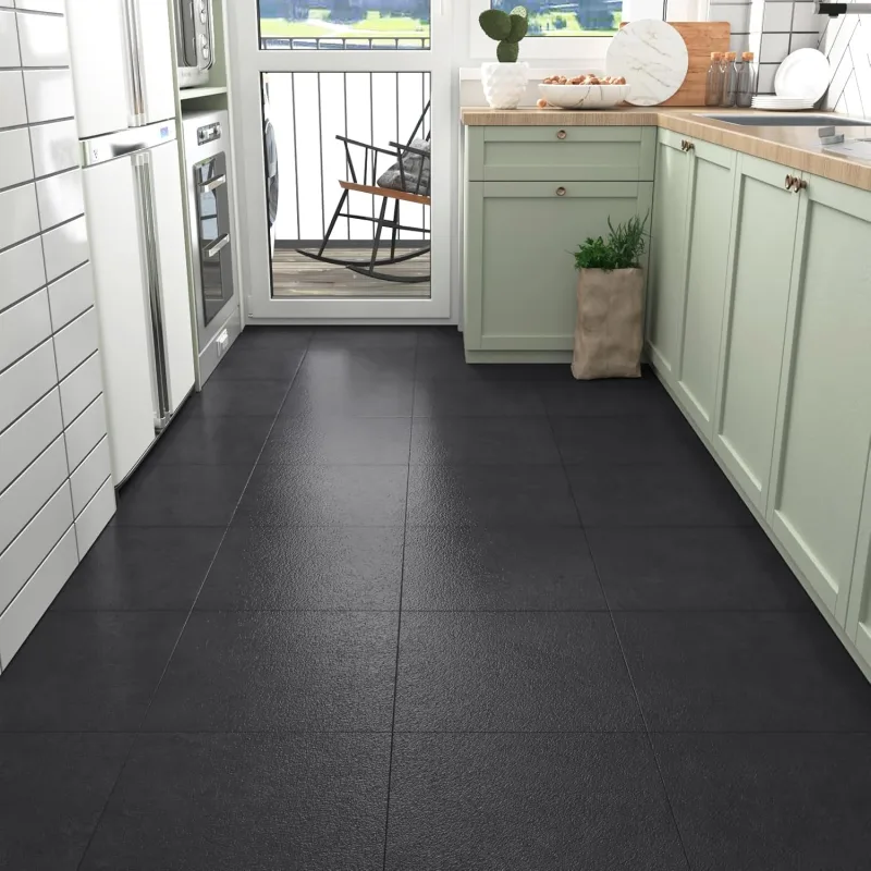 Vinyl Floor Self-Adhesive Black and Grey Tiles Adhesive Flooring PVC Waterproof Vinyl Floor Kitchen Bathroom Tiles Self-Adhesive Black Non-Slip Laminate Floor Click 4 Pieces, 30 x 30 cm