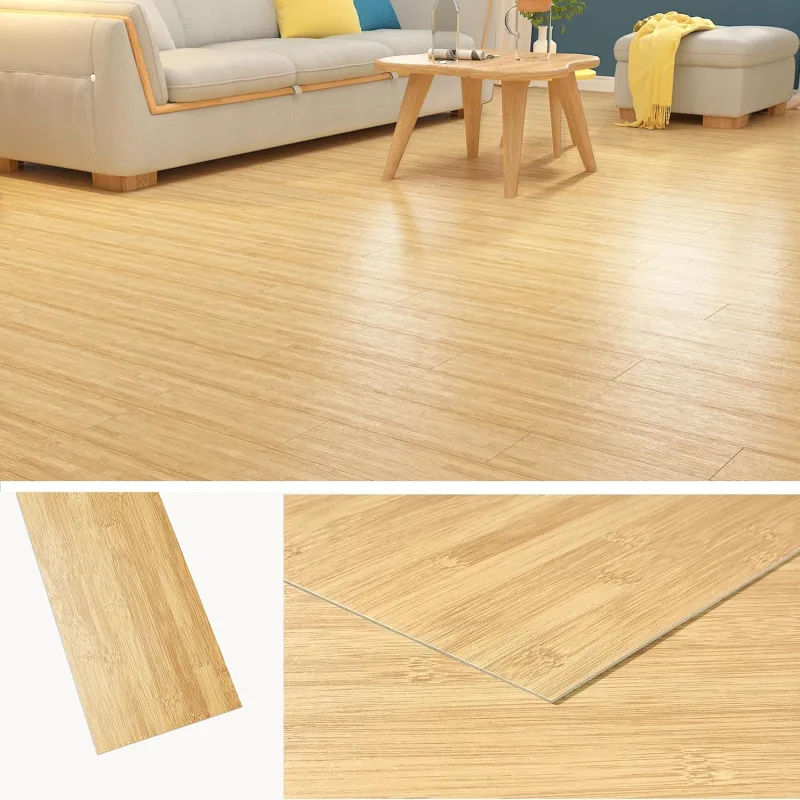 Livelynine Vinyl Flooring Self-adhesive Wood Bamboo Vinyl Floor Self Adhesive Bathroom Wood Effect Light Colour 90 x 15 cm 36-Pieces Adhesive Tiles Kitchen Floor Living Room Parquet Laminate for Wood Flooring