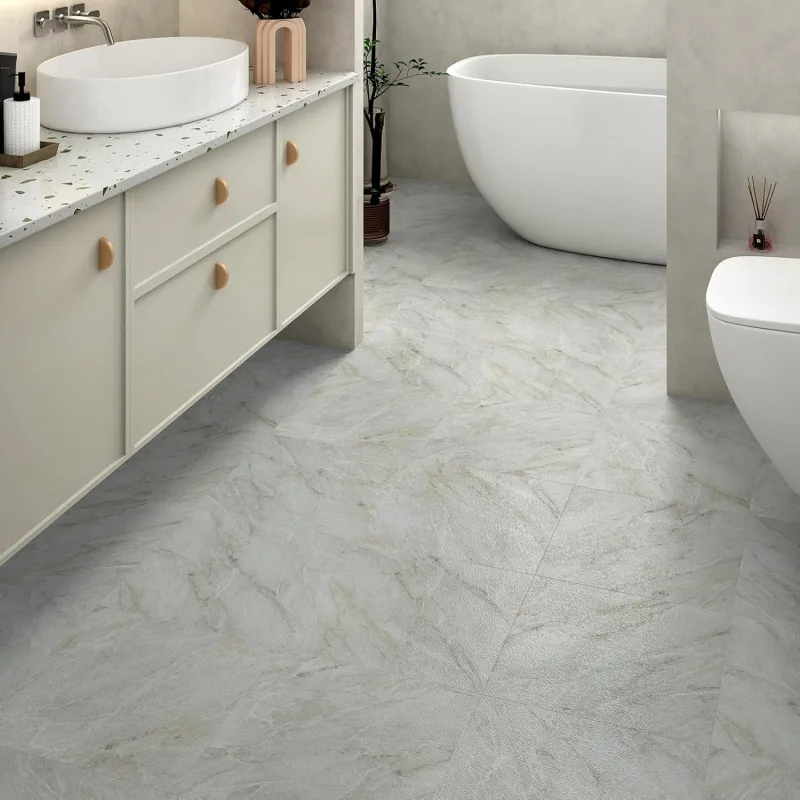 Self-Adhesive Vinyl Flooring Marble Grey and White Tiles Adhesive Floor Washable Vinyl Floor Kitchen Bathroom Self Adhesive Tiles Matte Vinyl Floor PVC Grey White 30 x 30 cm, 4 Pieces