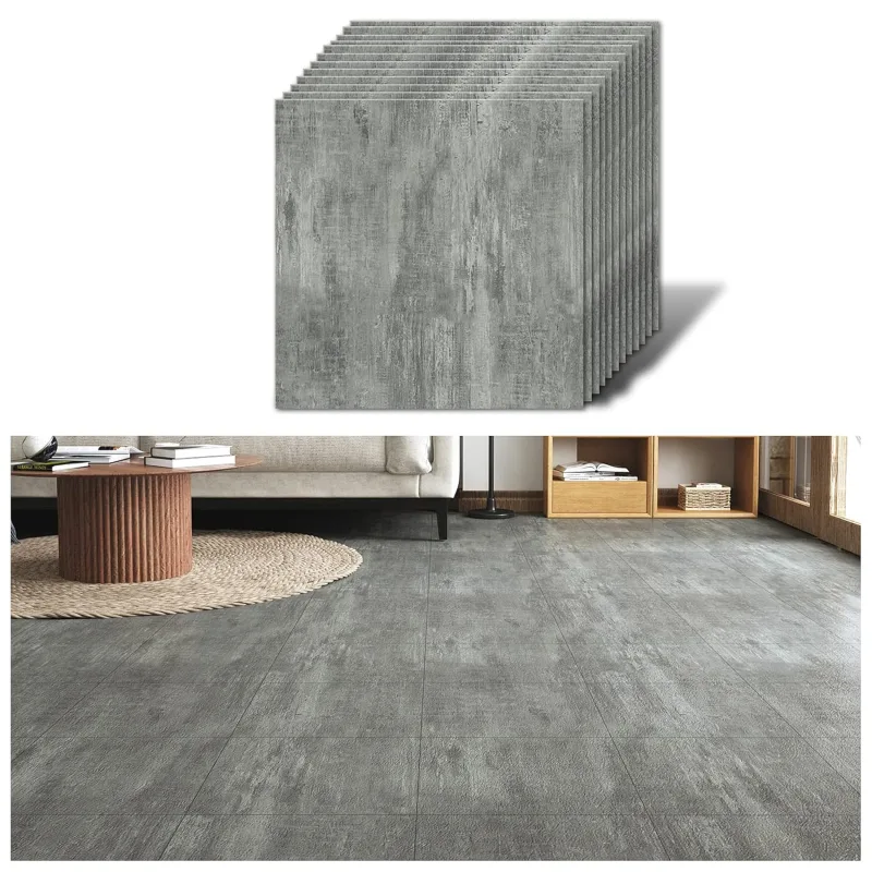 VEELIKE Vinyl Floor Self-Adhesive Grey Cement Tiles Adhesive Vinyl Floor Self-Adhesive Bathroom Waterproof Tiles Adhesive Kitchen Garage Bedroom Living Room Removable 30 cm x 30 cm 12 Pieces