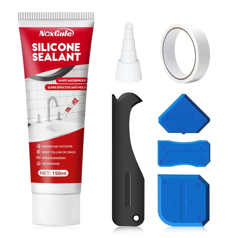 Silicone Anti-Mould Bath, White Silicone Bath Anti-Mildew, Waterproofing, Tools Attached, for Sealing Joints, Easy Application Suitable for Outdoor Use, 150ml (Upgraded Version)