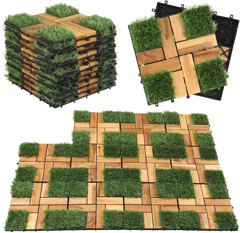 Baldosas de madera con césped artificial, 30 x 30 cm, azulejos de balcón resistentes a la intemperie, de madera de acacia, azulejos de terraza con sistema de clic, azulejos de madera para suelo de