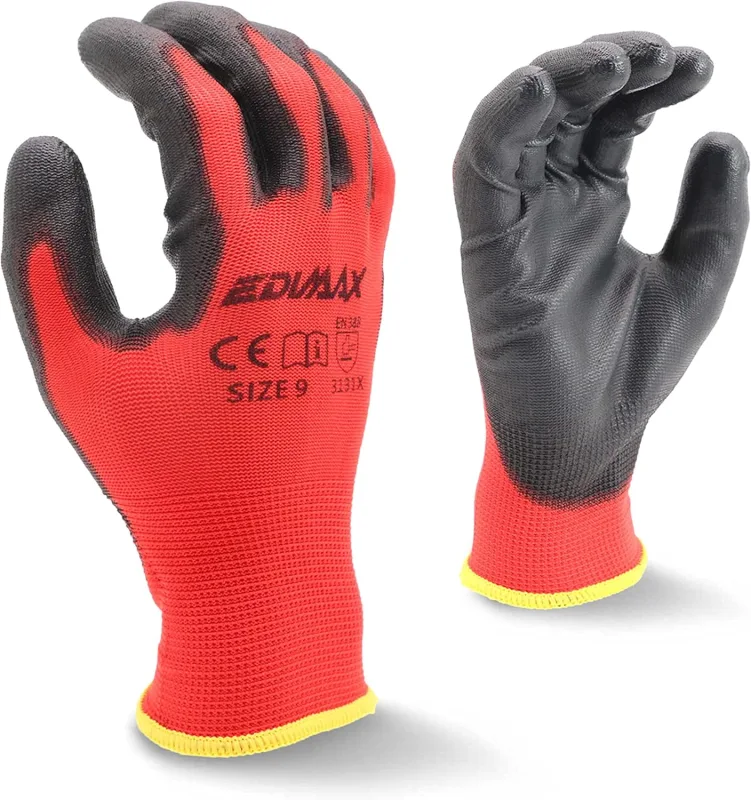 EDIMAX, Guantes Trabajo, Alta Resistencia a la Abrasión y al Desgarro nivel 3, Recubrimiento de Naylon PU, Versátiles, Protección Mecánica e Industrial (12 pares)