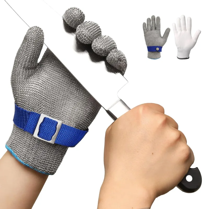 Schwer guantes anticorte nivel 9, guantes de trabajo de malla metálica,Sin flúor,guantes de cota de malla para el pelado, corte y descascarillado de ostras en carnicerías (L)