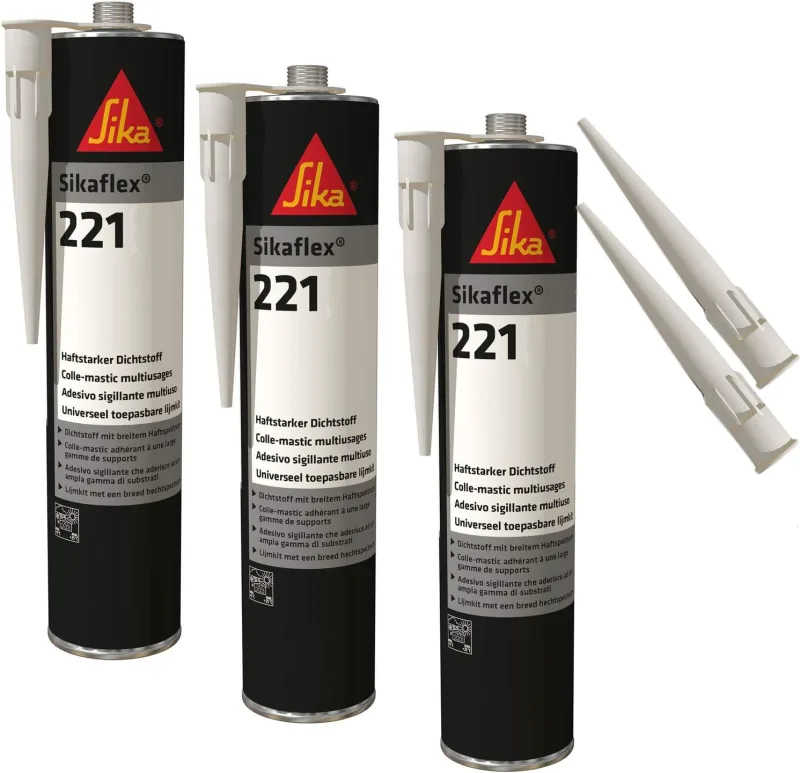 Sika Flex-221 Weatherproof Adhesive Sealant, 300 ml, Black, Set of 3 with 5 Nozzles