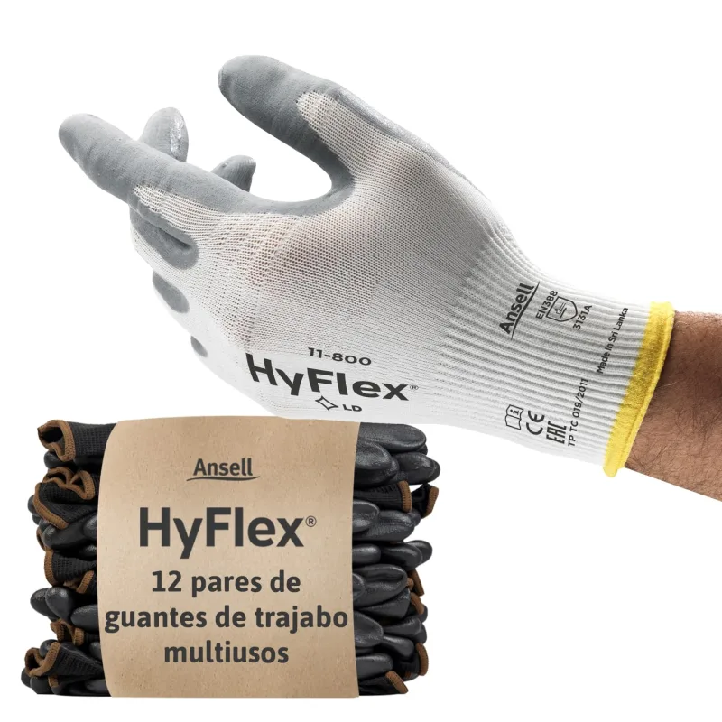 Ansell HyFlex 11-800 Guantes de Trabajo Profesionales, Revestimiento de Nitrilo Antideslizante y Transpirable, Protección Mecánica Multiusos, Seguridad Industrial, Blanco, Talla L (12 Pares)