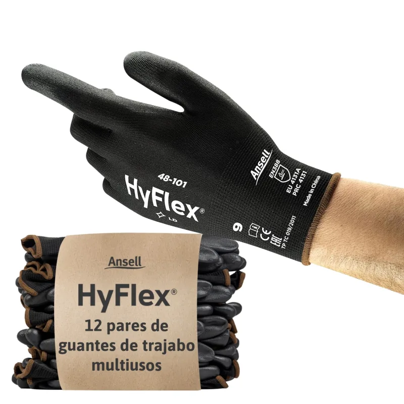 Ansell HyFlex 48-101 Guantes de Trabajo Finos, Alta Precisión Táctil, Forro Elástico con Revestimento de Poliuretano, Protección Multiusos, Bricolaje y Mecánica, Negro, Talla XS (12 Pares)