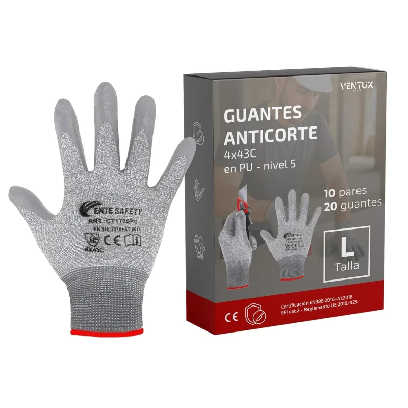 Guantes anticortes 4x43C Protección Nivel 5 Talla L || Certificación EN388 || Guantes de trabajo || Resistentes y versátiles || ideales para trabajos de jardinería-DIY || 10 pares (L)