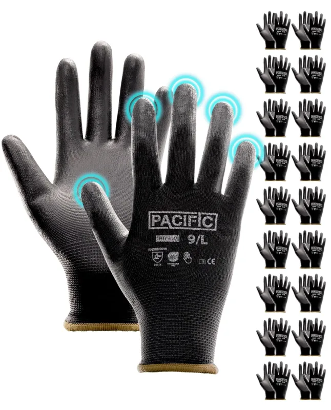 PACIFIC 18 pares de guantes de seguridad con revestimiento de poliuretano, guantes de trabajo multiusos, para hombre, punto sin costuras, agarre potente, negro, L/9