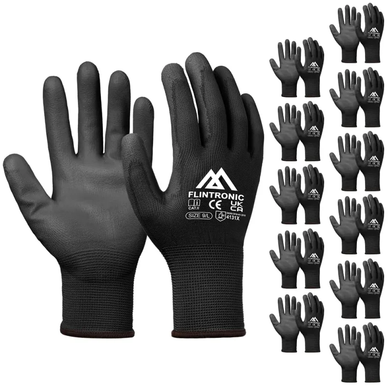 Flintronic Guantes de Trabajo Profesionales, 12 Pares, Recubrimiento de Poliéster PU, Guantes Mecanico Taller, para Jardinería, Construcción, Negro (L-9)