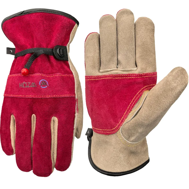 WZQH Leather Work Gloves for Men Women Gardening Welding Construction Chainsaws, Farms, Pastures etc Cowskin Cotton Coated Rose Red - Grey L