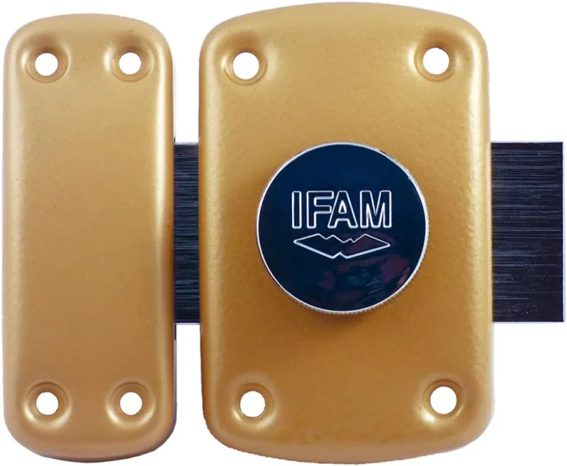 IFAM Cerradura de Sobreponer B5, Cerrojo Giratorio, Perno Antirrobo para Puerta, Pestillo Deslizante, Palanca 110mm, 2 vueltas, 5 Pitones, 3 Llaves de Serreta, Ideal Puerta Interior, Color Latón