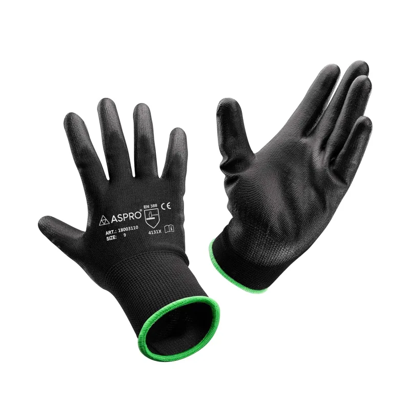 Guantes de trabajo de nailon negro con revestimiento de poliuretano para constructores, jardineros, etc. de ASPRO, negro, .