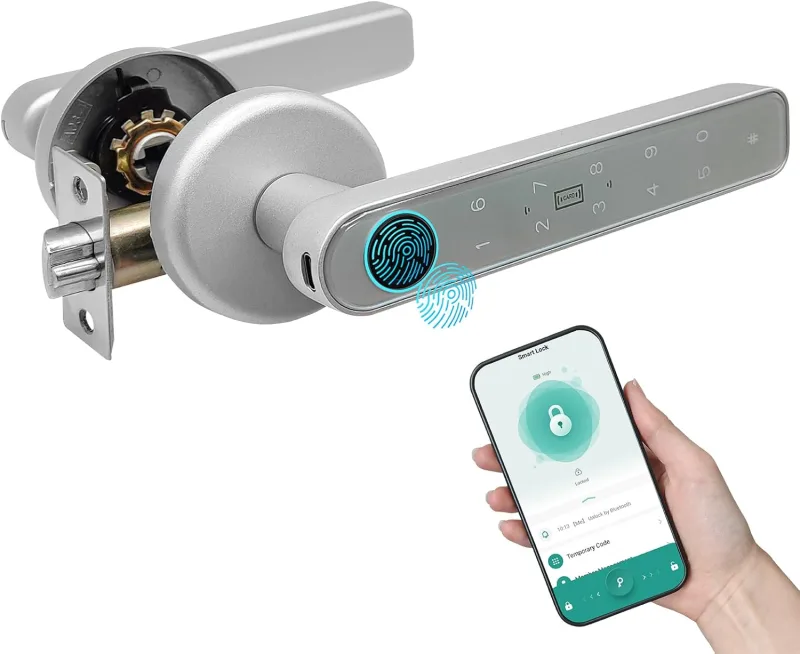 LED ATOMANT Smart Door Lock with Fingerprint, Code, Control with Mobile, Card and Key, Electronic Lock 5 in 1, Biometric Security, Home, Office or Hotel