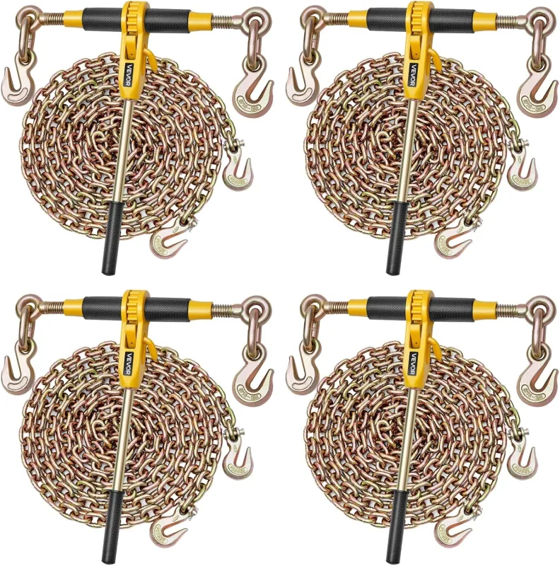 VEVOR 8mm x 4.3m G80 Chain Ratchet Tensioner with Chains and Tensioners Kit 4 Pieces Tie Down Chain Tensioners 8,000 lbs Working Load for Transportation, Towing, Rala and Lifting
