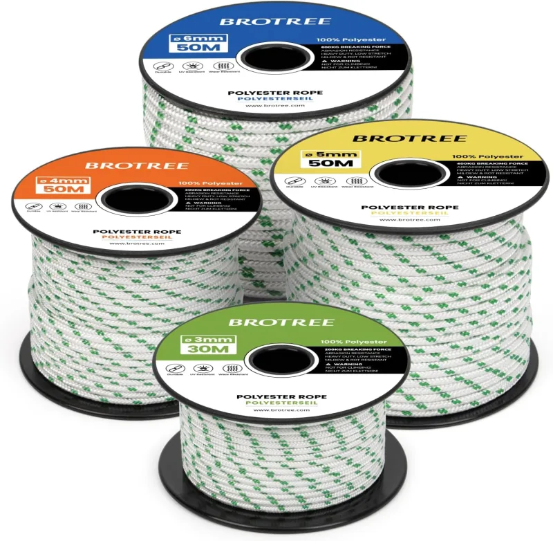 Brotree Polyester Rope 3 mm x 20 m White/Green on a Roll – Braided Cord Multipurpose Rope for Outdoor, Mooring, Nautical, Halyard – 200 kg Break Load
