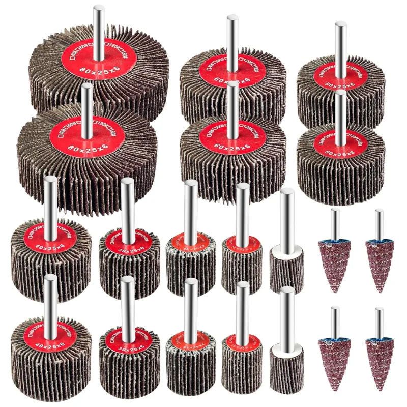 Fousenuk 20 Pieces Drill Sanding, Abrasive Brush 10 Different Sizes 80 Grit Polishing Disc with Shank Sandpaper Wheel, Sheet Wheels for Sanding, Deburring, Polishing