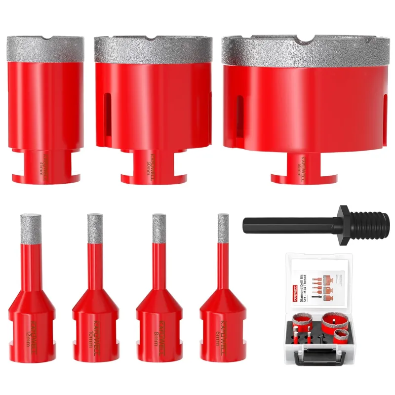 8Pz M14 Diamond Drill Bit, Porcelain Drill Bits Ø 6/8/10/12/35/50/68 mm with Adapter, Vacuum Welded, Porcelain Crowns, Dry Drilling for Tiles, Ceramic, Marble, Granite