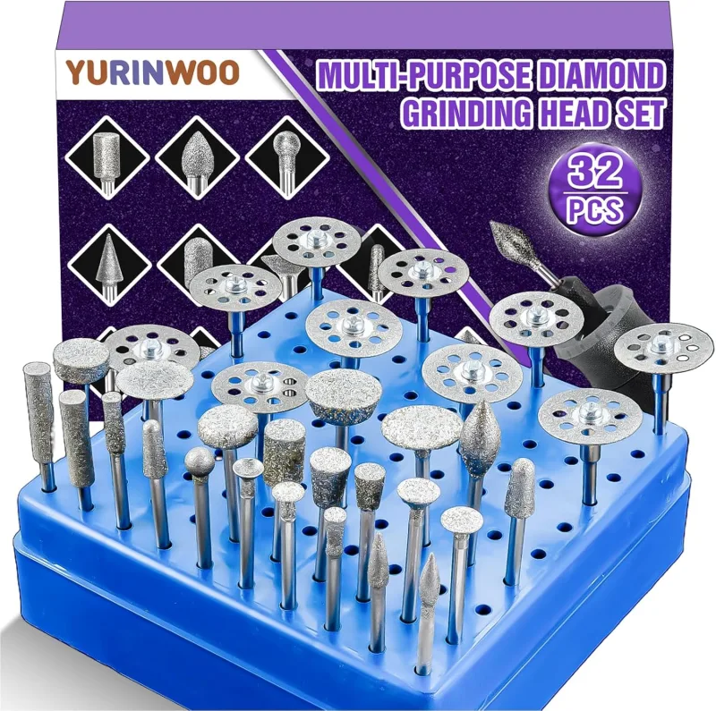 Juego de 32 Fresas de Diamante para Compatible con Dremel, con Discos de Corte y Vástago 3mm para Tallar, Lijar, Pulir, Grabar y Cortar en Piedra, Vidrio y Cerámica