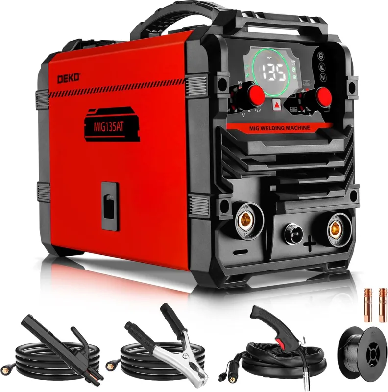 Soldador MIG 135A: DEKO 220V soldador por arco con inversor IGBT tres en uno con alambre con núcleo de flux, kit portátil, adecuado para usuarios domésticos y aficionados al bricolaje