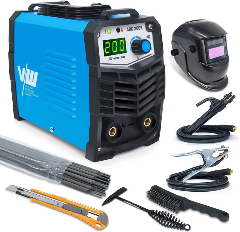 Soldadora de electrodos 200 A - Inversor - Electrodos - Soldadora de electrodos 230 V - 200 amperios - Set con casco de soldadura, martillo de escoria, cepillo, 10 electrodos