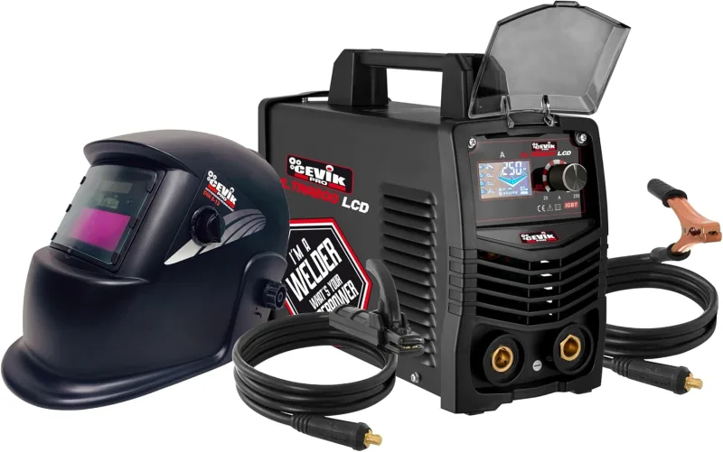 CEVIK PRO CE-ULTRA200LCD - Soldador Inverter MMA con Máscara de Soldadura y Portaelectrodo - 200A 40% 230V - Electrodos hasta 5mm - Pantalla LCD - Máquina de Soldar Profesional Portátil Compacta