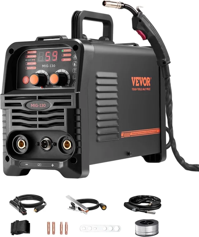 VEVOR MIG Welder 130A Multiprocess Flux Core 3 in 1 Portable MIG Welder with IGBT Inverter Technology and Digital Display Screen, Wide Applications, 320 x 150 x 250 mm