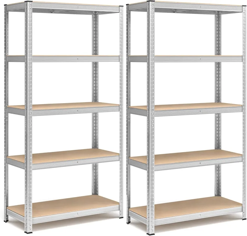 SONGMICS Juego de 2 Estanterías Almacenaje de 5 Niveles, Estantería Metálica, Modular, Garaje, Almacén, Trastero, Cocina, Carga de 875 kg, 40 x 90 x 180 cm, Plata GLR040E02