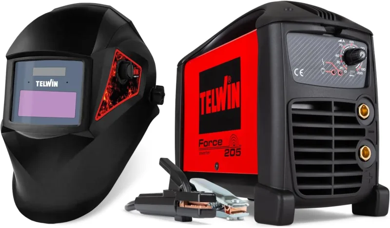 Telwin Force 205 Soldadora inverter a electrodo MMA con casque de soldadura automático y accesorios para soldadura, 200A