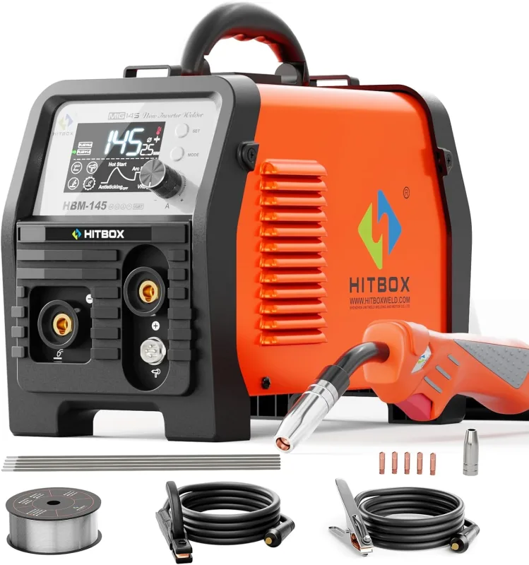 HITBOX Welding Machine 145A 220V 4 in 1 Gas Free Wire Welder (MIG/MMA E-Hand/LIFT TIG/Spool Gun) IGBT Inverter Welder Welder, LED Display Steel 0.8-1mm for Welding Alloy, Steel, Iron