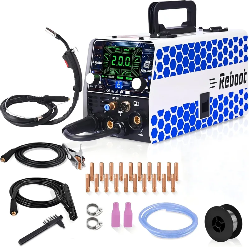 Soldadora MIG 200A 5 en 1 – Inverter Sinérgica con MMA, MIG Gas/Gasless, Lift TIG, Soldadura por Puntos – Pantalla LED, Regulación Velocidad Hilo – RBM2000 PRO