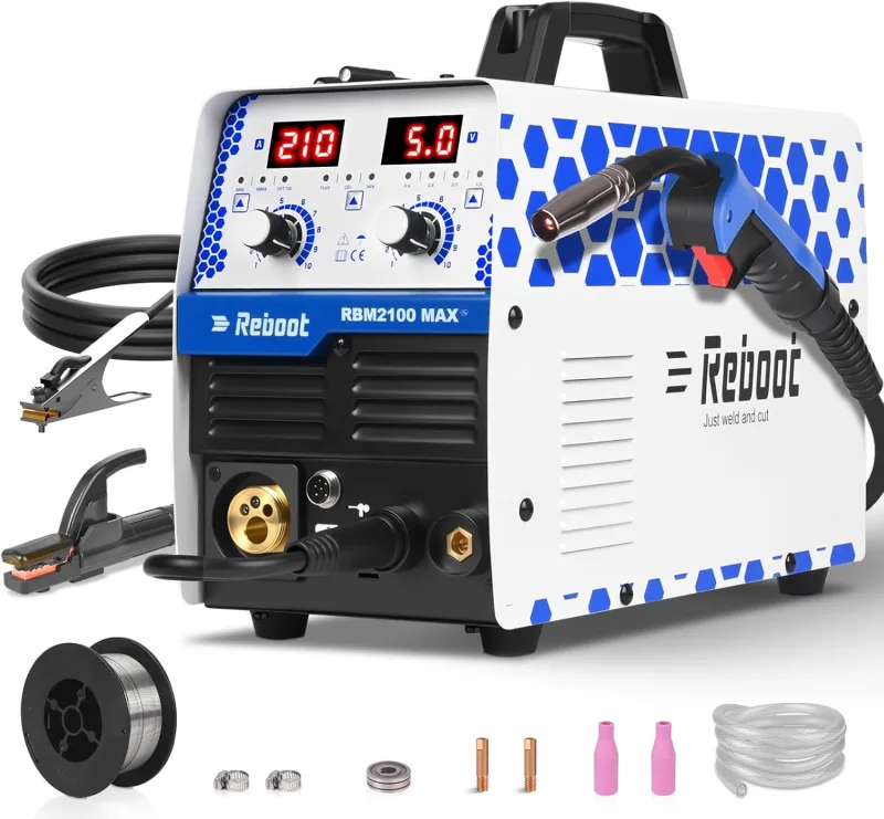 Reboot Soldador 6 en 1 210A 230V MIG/MAG con/sin gas de hilo Electrodo MMA TIG Soldadura por puntos Aluminio Pantalla digital Grande Compatible Pistola Bobina RBM2100 MAX