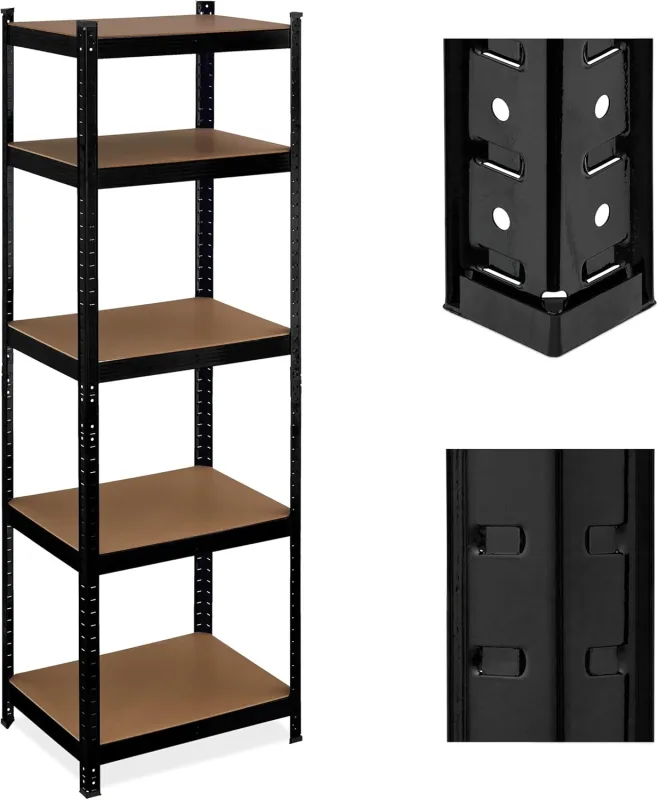 Relaxdays Heavy Duty Metal Shelving Unit, 180 x 60 x 45 cm, up to 500 kg, 5 Shelves, for Basement or Storage Room, Steel, Black
