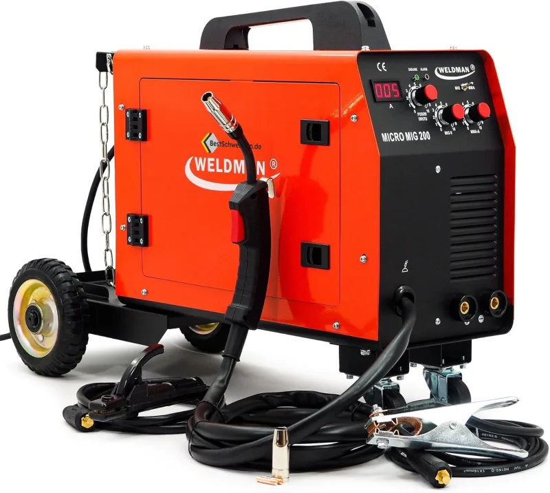WELDMAN filler wire Gasless welder - MIG MAG welder 200A 6-8mm - IGBT welding machine inverter with protection gas - FCAW MMA 230V with undercarriage - Bestschweissen