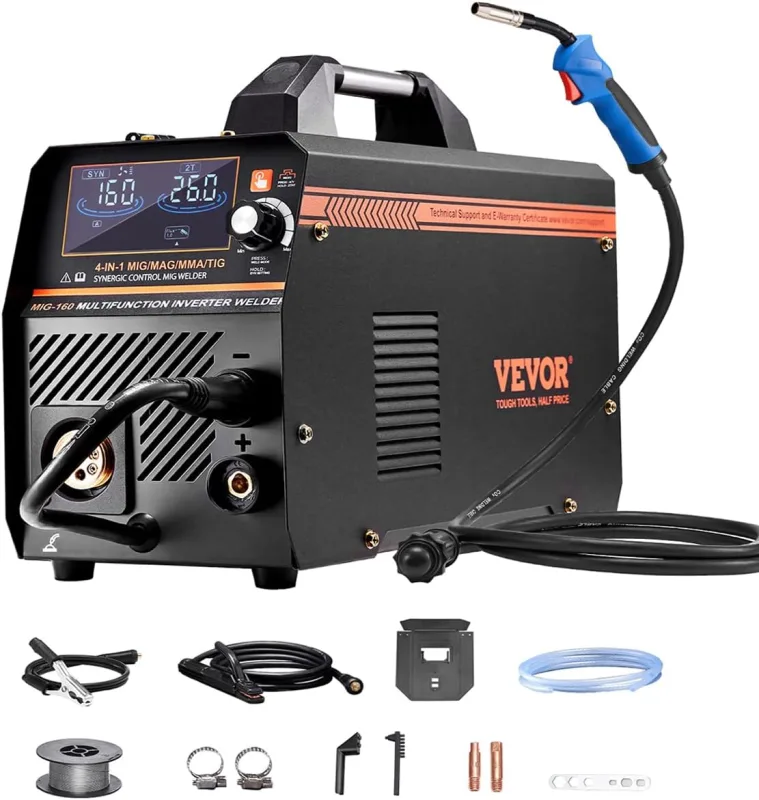 VEVOR MIG Welder, 160A Synergistic MIG Welding Machine, Smarter Shape, 4 in 1 Multiprocess with IGBT Inverter Technology and LCD Display, High Performance, 405 x 165 x 300 mm