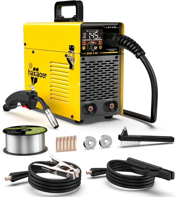 haxiaoer 145A Gas Free MIG Welders, Portable 3 in 1 Flux MIG/ARC/Lift TIG MIG Welding Machine with Smart Digital LED Display, Semi Automatic Synergy Inverter MIG Welder