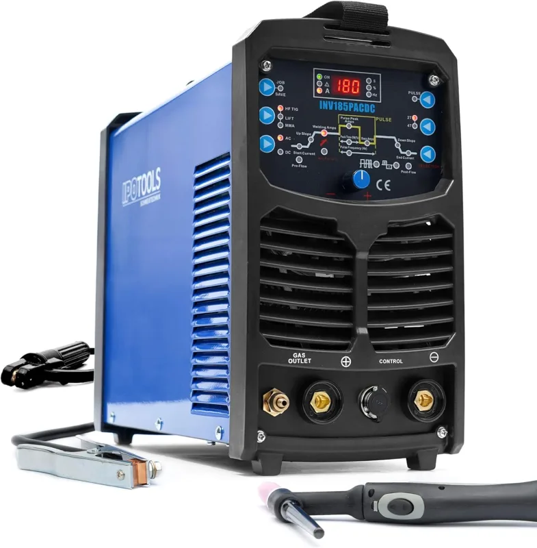 IPOTOOLS INV185PACDC TIG 180 Amp AC DC Welding Machine, Fully Digital Inverter Welder, Includes RF Ignition, Pulse Function, Aluminum Welding, MMA, IGBT, 7 Year Warranty