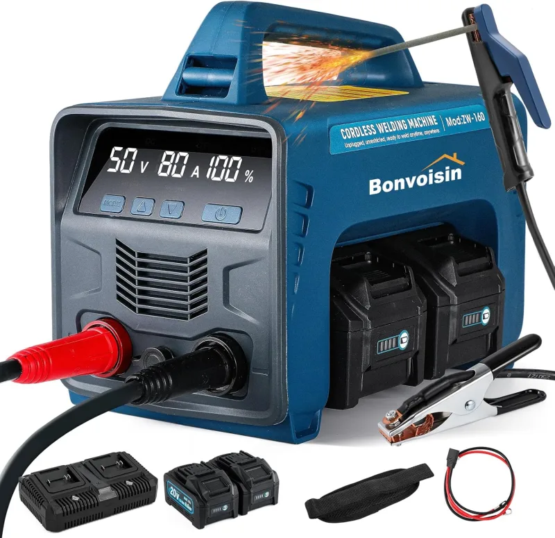 Bonvoisin Portable MMA 160A Battery Welder, Battery Powered with 2 Batteries of 8000mAh, IGBT Inverter, LED Display, with Hot Start, Arc Force and Non-Stick (EU)