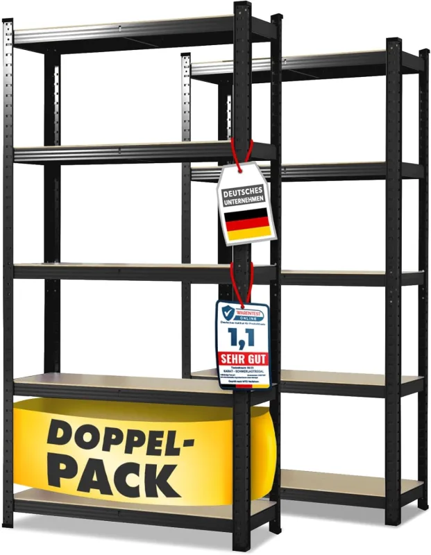 Floordirekt Heavy Duty Shelving Unit Set of 2 Black 200 x 120 x 60 cm Without Screws for Basement Storage Workshop Workbench 5 Adjustable Shelves