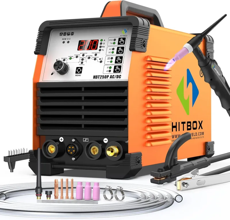 HITBOX TIG Welder 6 in 1 AC/DC, 200A, Pulsed Function, IGBT Inverter Technology, 2T/4T Digital Control, New Version for Aluminum, Stainless Steel and Steel (HBT250P AC/DC)