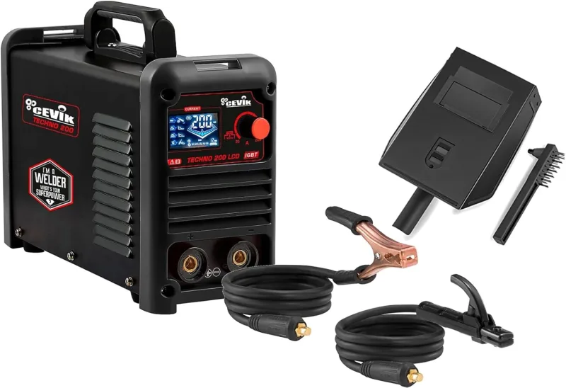 CEVIK PRO CE-TECHNO200LCD - MMA Inverter Welder with Welding Mask and Electrode Holder - 200A 50% 230V-Electrodes up to 5mm - LCD Display - Connectable to Generator - Welding Machine
