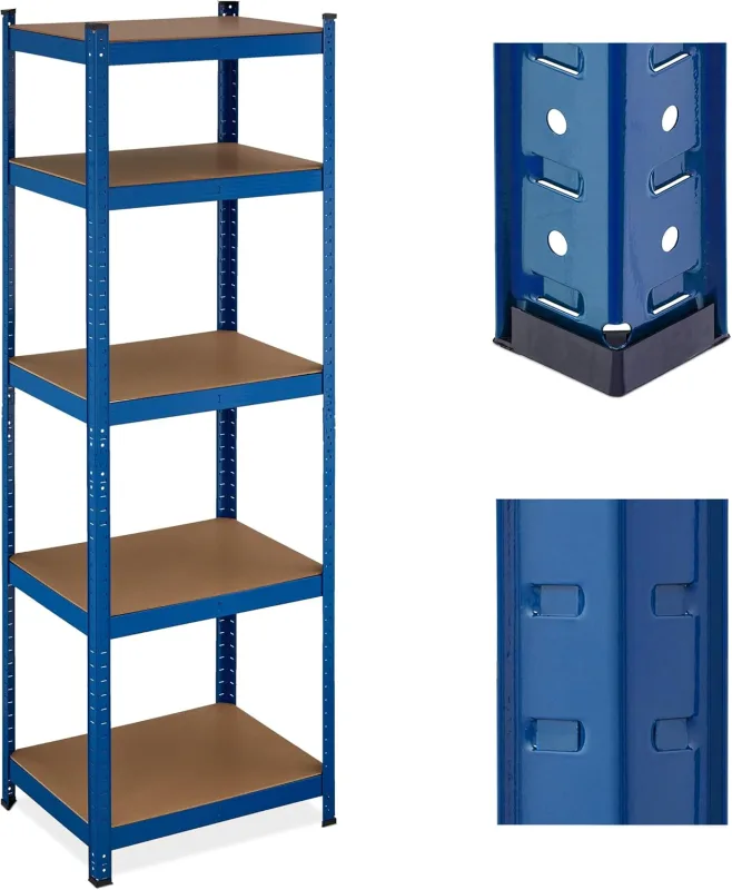 Relaxdays Heavy Duty Metal Shelving Unit, 180 x 60 x 45 cm, up to 500 kg, 5 Shelves, for Basement or Storage Room, Steel, Blue