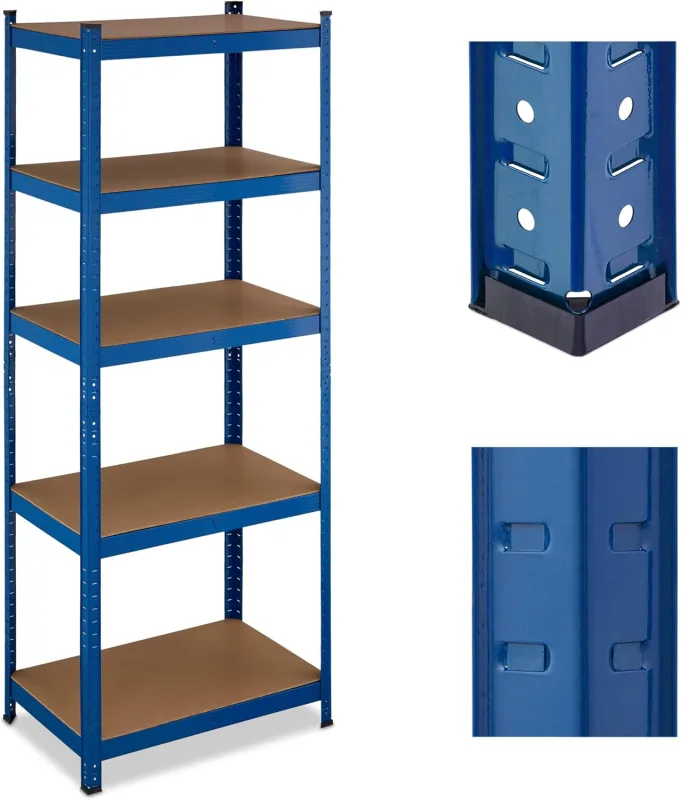 Relaxdays Heavy Duty Metal Shelf, 180x70x45 cm, up to 500 kg, 5 Shelves, Basement or Storage Room, Steel and MDF, Blue