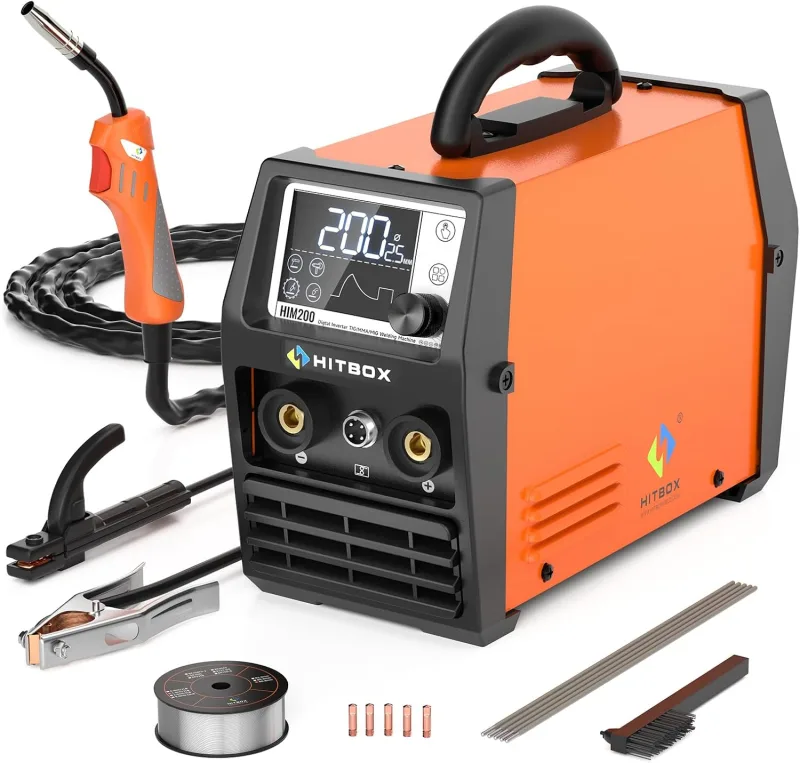 HITBOX 4 in 1 Continuous Wire Soldering Iron Without Gas 140A 230V Digital Portable MIG ARC LIFT TIG Spool Gun with Ultra-Clear LED Display, Ideal for Beginner Welders