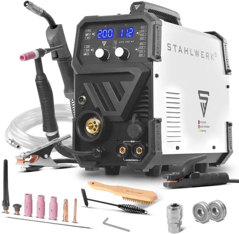 STAHLWERK MTM-200 ST 3-in-1 Combination Welder for TIG, MIG/MAG, MMA/Electrode up to 200 A, Synergistic Wire, 4 Rollers, HF Ignition, Suitable for Hollow Wire, Steel, Thin Sheet